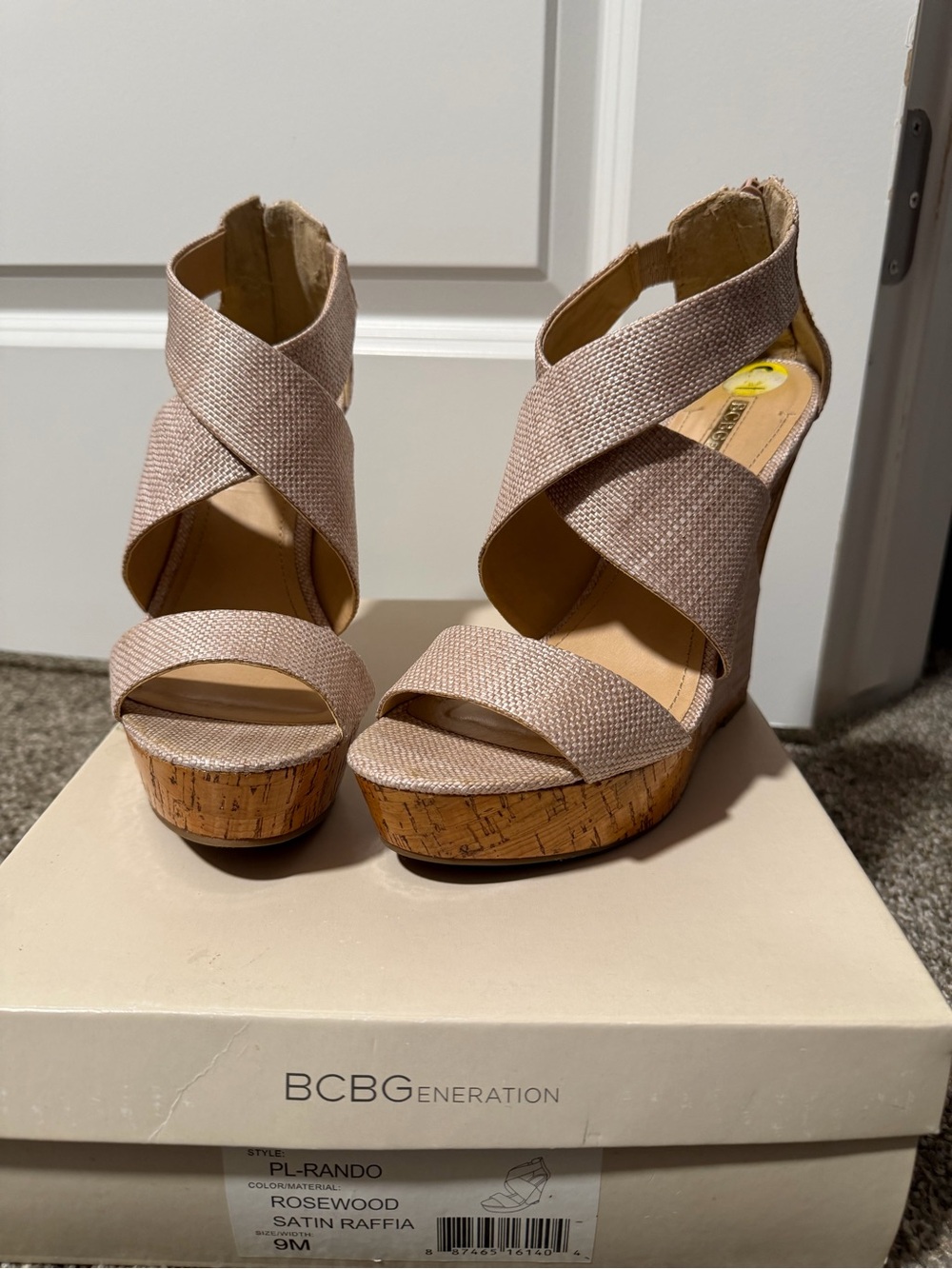 BCBGeneration Rosewood Cross-Strap Raffia Cork Wedge Sandals